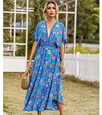 Womens Summer Deep V Neck Half Sleeve Floral Print Flowy Midi Dress