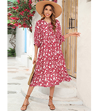 Womens Summer Casual Lantern Sleeve Tie V Neck Boho Floral Print Loose Fit Flowy Midi Dresses