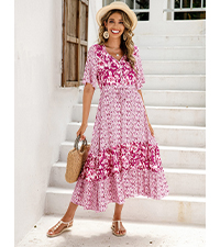 Womens Summer Short Sleeve V Neck Button Up A-Line Ruffle Flowy Midi Dress