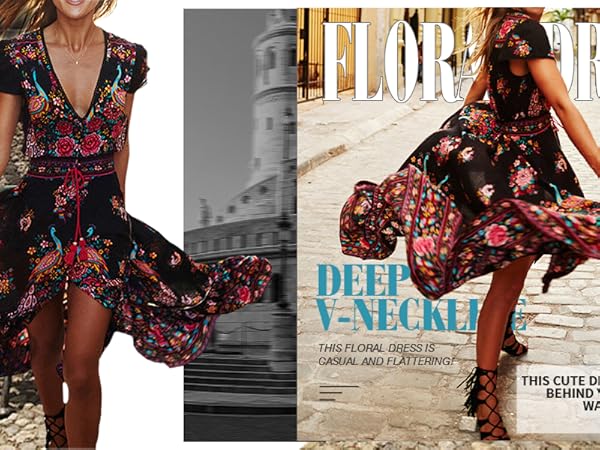 Women&#39;s Summer Vintage Floral Print Deep V Neck High Low Long Dresses