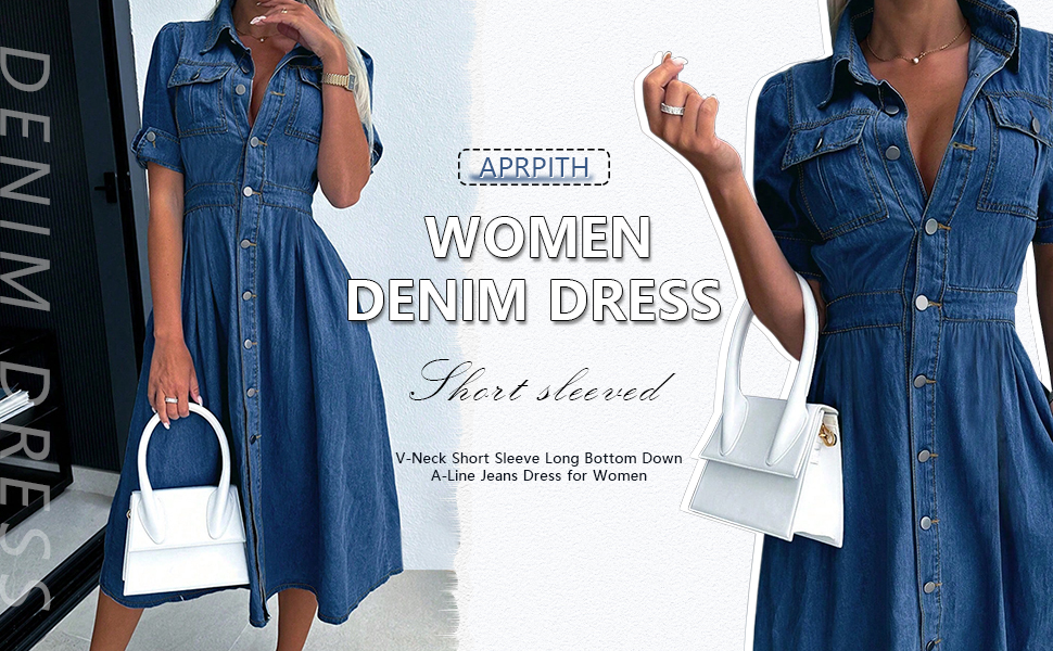 APRPITH Women Denim Shirt Dress V Neck Short Sleeve Long Bottom Down A-Line Jeans Dresses