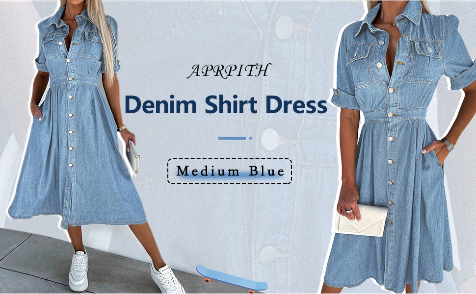 APRPITH Women Denim Shirt Dress Light Blue with V Neck Short Sleeve Long Bottom Down A-Line