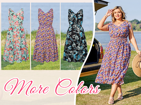 Plus Size Maxi Floral Dress Womens Pockets Stretch V Neck Dresses