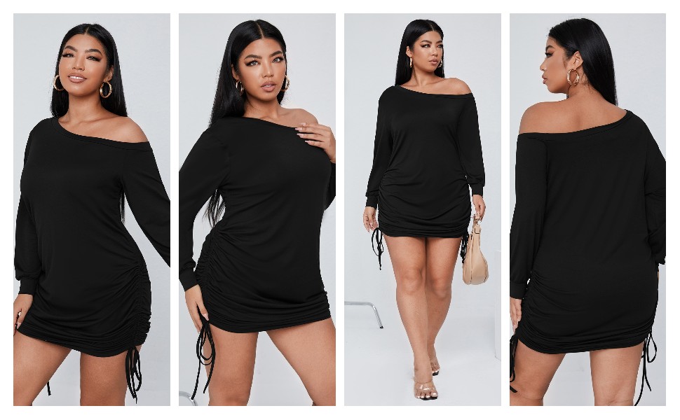 SOLY HUX Women''s Plus Size Off Shoulder Long Sleeve Drawstring Side Short Dress