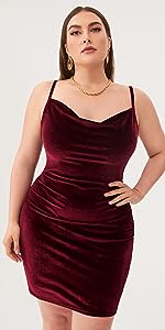 1SOLY HUX Women''s Plus Size Sexy Spaghetti Strap Cowl Neck Velvet Mini Bodycon Dress