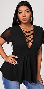 SOLY HUX Women''s Plus Size Sexy Criss Cross V Neck Short Sleeve Babydoll Peplum Top Blouse Shirts