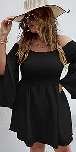 SOLY HUX Women&amp;amp;amp;#39;s Plus Size Off Shoulder Long Sleeve Shirred Ruffle A Line Dress