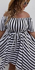 SOLY HUX Women&amp;#39;s Plus Size Striped Off Shoulder Short Sleeve Asymmetrical Belted Dress