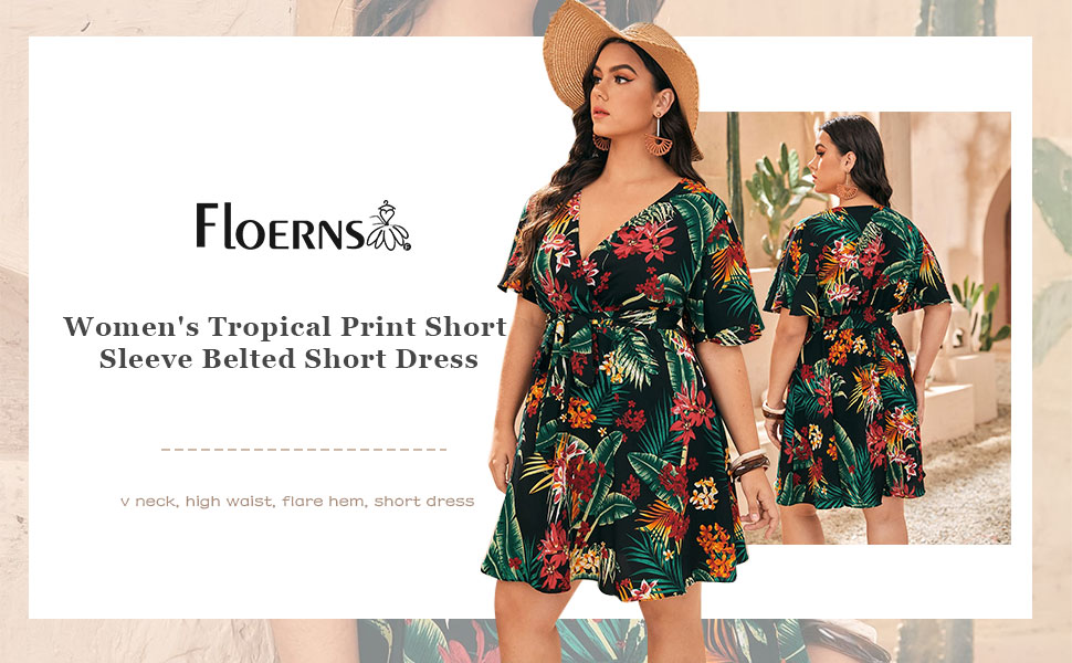 Floerns Women''s Plus Size Tropical Print V Neck Short Sleeve Belted Short Dress