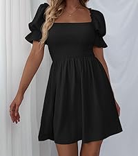  Women''s Square Neck Flounce Short Sleeve Shirred Ruffle Hem Dress