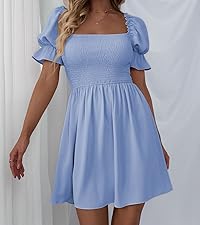  Women''s Square Neck Flounce Short Sleeve Shirred Ruffle Hem Dress