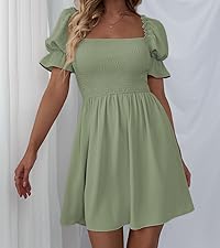  Women''s Square Neck Flounce Short Sleeve Shirred Ruffle Hem Dress