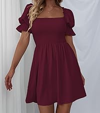  Women''s Square Neck Flounce Short Sleeve Shirred Ruffle Hem Dress