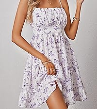 Women''s Summer Floral Print Ruched Shirred Ruffle Hem A Line Summer Dress Short Cami Dress