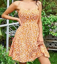 Women''s Summer Floral Print Ruched Shirred Ruffle Hem A Line Summer Dress Short Cami Dress