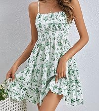 Women''s Summer Floral Print Ruched Shirred Ruffle Hem A Line Summer Dress Short Cami Dress