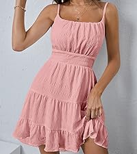 Women''s Summer Ruched Shirred Ruffle Hem A Line Summer Dress Short Cami Dress