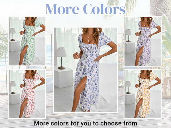 Women''s Floral Print Tie Front Square Neck Short Sleeve Split Thigh Dress