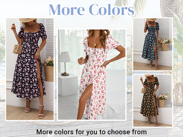 Women''s Floral Print Tie Front Square Neck Short Sleeve Split Thigh Dress