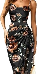 Women&amp;amp;#39;s Floral Print Ruched Split Hem Satin Cami Dress Midi Dresses