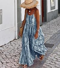 Women Summer Dresses 2024 Spaghetti Strap Floral Maxi Dress Flowy Boho Beach Long Sundress Pockets