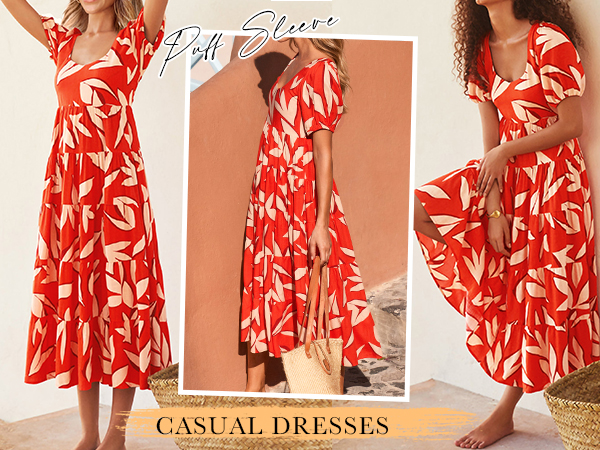 floral boho dress puff sleeve summer wedding guest dresses for women 2024 dressy csual sun dress