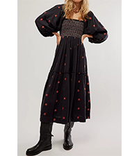 Women''s Long Sleeve Cotton Vintage Square Neck Floral Embroidered Tiered Ruffle Flowy Pockets Dress