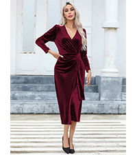 Womens Velvet V Neck Wrap Dress Fall Winter Long Sleeve Waist Ruched Elastic Elegant Midi Dress