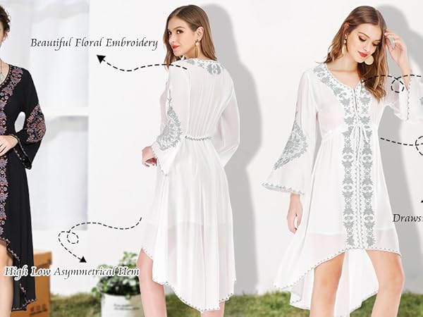 Womens Bell Sleeve Vintage Cotton Embroidered High Low Long Dresses