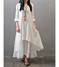 Women Long Sleeve Cotton Casual Loose Plus Size Irregular Long Dresses