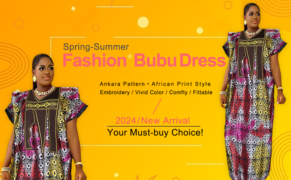 HD African Print Bubu Dress for Woman Embroidery Pattern Caftan Casual Maxi Dress