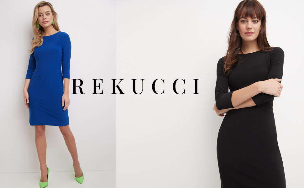 Two models wearing dresses, the word Rekucci in the middle of the photo