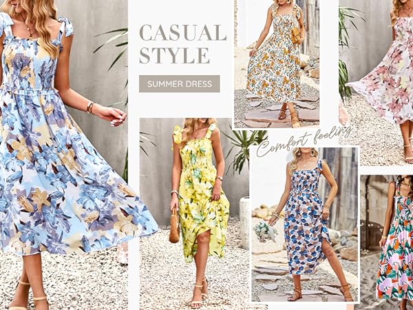 2023 Fashion Sleeveless Bow Tie Strap Floral Print Elastic High Waist Elegant Mid-Length Dress