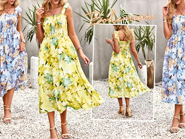 PRETTYGARDEN Womens Casual Square Neck Sleeveless Bow Shoulder Strap Smocked Waist Midi Dress 2023