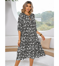 Womens Summer Casual Lantern Sleeve Tie V Neck Boho Floral Print Loose Fit Flowy Midi Dress