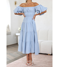 Womens Summer Off-Shoulder Puff Sleeve A-Line Tiered Ruffle Midi Dress