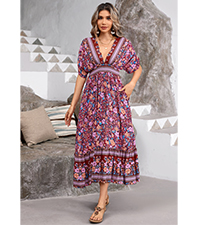 Women&amp;#39;s Summer Boho Floral Print Deep V Neck Empire Waist Flowy Beach Dress with Pockets