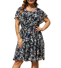 Nemidor Womens Casual Plus Size Summer Boho Chiffon Print Midi Skater Dress with Ruffle Sleeve