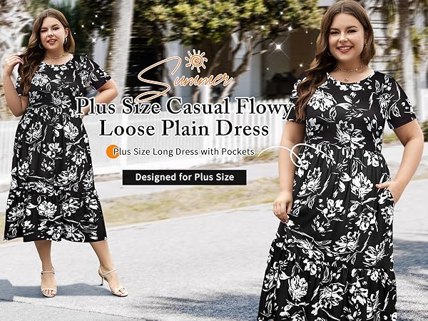 Younrui Plus Size Casual Swing Long Loose Dresses for Women