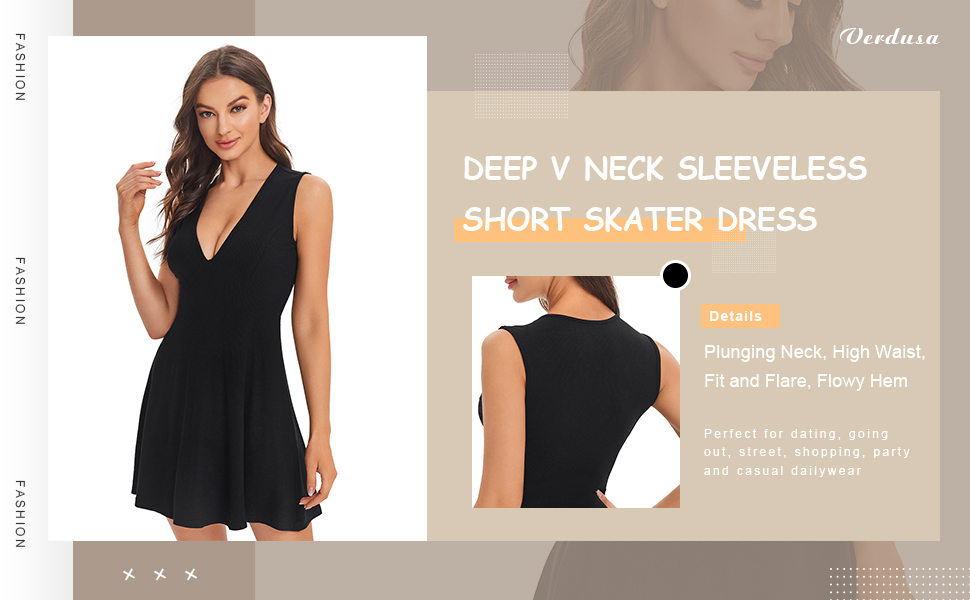 Deep V Neck Sleeveless Ribbed A Line Short Skater Dress