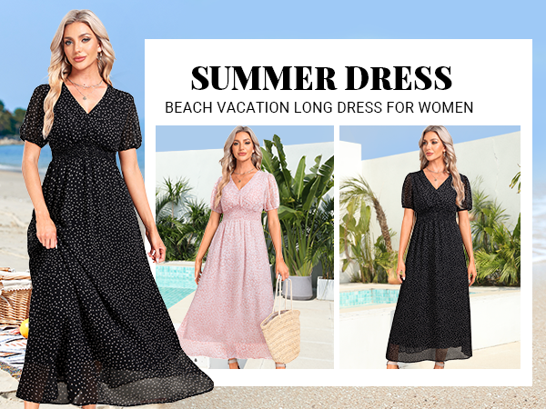 black polka dot beach wedding guests boho floral  casual vocation travel  floor length  spring