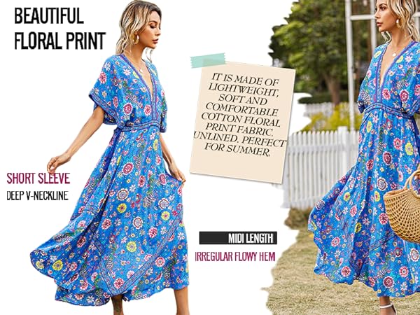 Women&#39;s Summer V Neck Floral Print Boho Casual Flowy A-Line Midi Dress