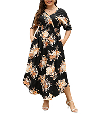 Nemidor Womens Casual Plus Size Boho Print V Neck Flared Maxi Dress with Pocket