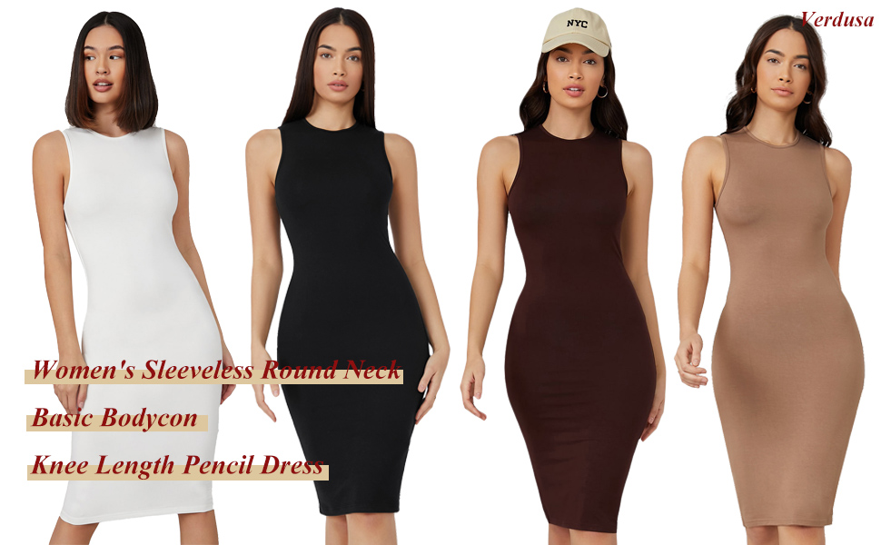 Verdusa Women''s Sleeveless Round Neck Basic Bodycon Pencil Knee Length Dress