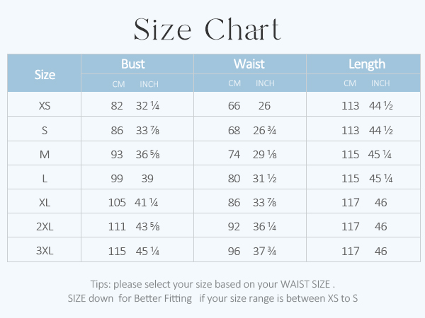 size chart dress for women