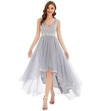 Ever-Pretty Double V-Neck A-Line Sequin Sleeveless High Low Tulle Evening Party Gowns