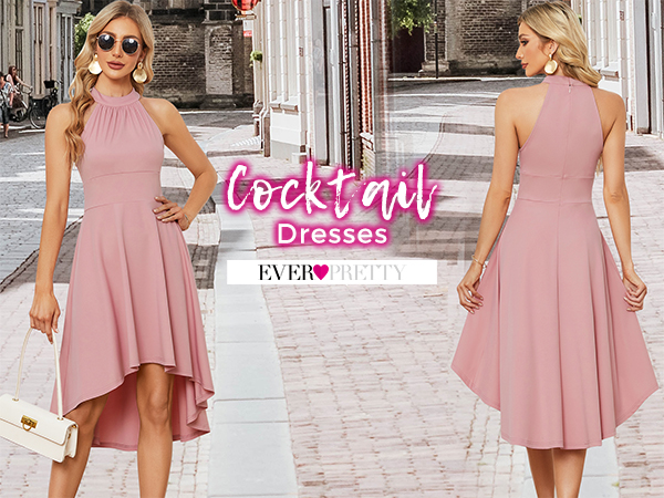 Ever-Pretty Women''s Halter Neck Pleated Sleeveless High Low A-Line Midi Cocktail Dresses