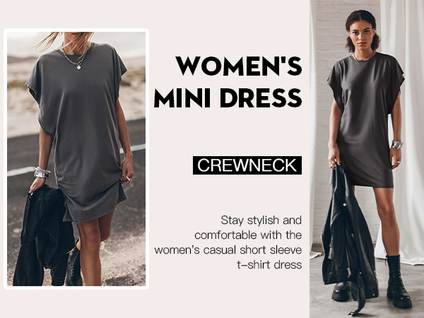 Fisoew Women''s Casual Short Sleeve T-Shirt Dress Crewneck Batwing Loose Side Split Mini Dress