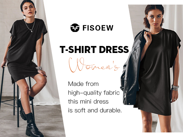 Fisoew Women''s Casual Short Sleeve T-Shirt Dress Crewneck Batwing Loose Side Split Mini Dress