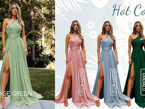 one shoulder bridesmaid dresses with pockets slit long chiffon evening gown